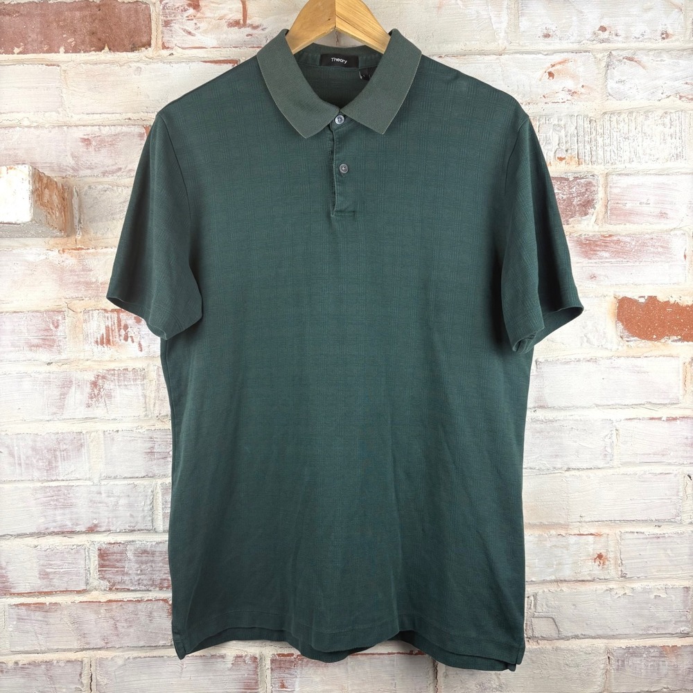 Theory Men's Polo Shirt L Green Textured Collar Short Sleeve Quiet Luxury Preppy